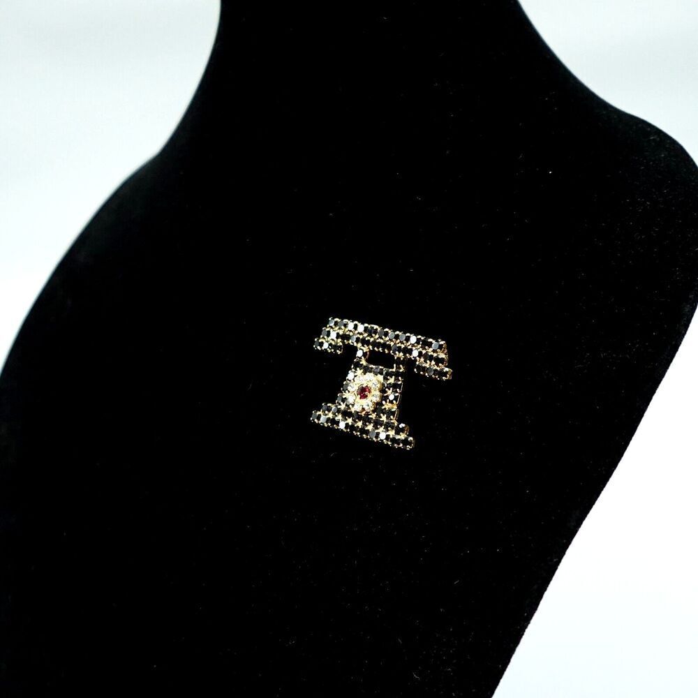 Vintage Telephone Rhinestone Brooch Black Gold Tone Rotary Old School Novelty - Picture 3 of 14
